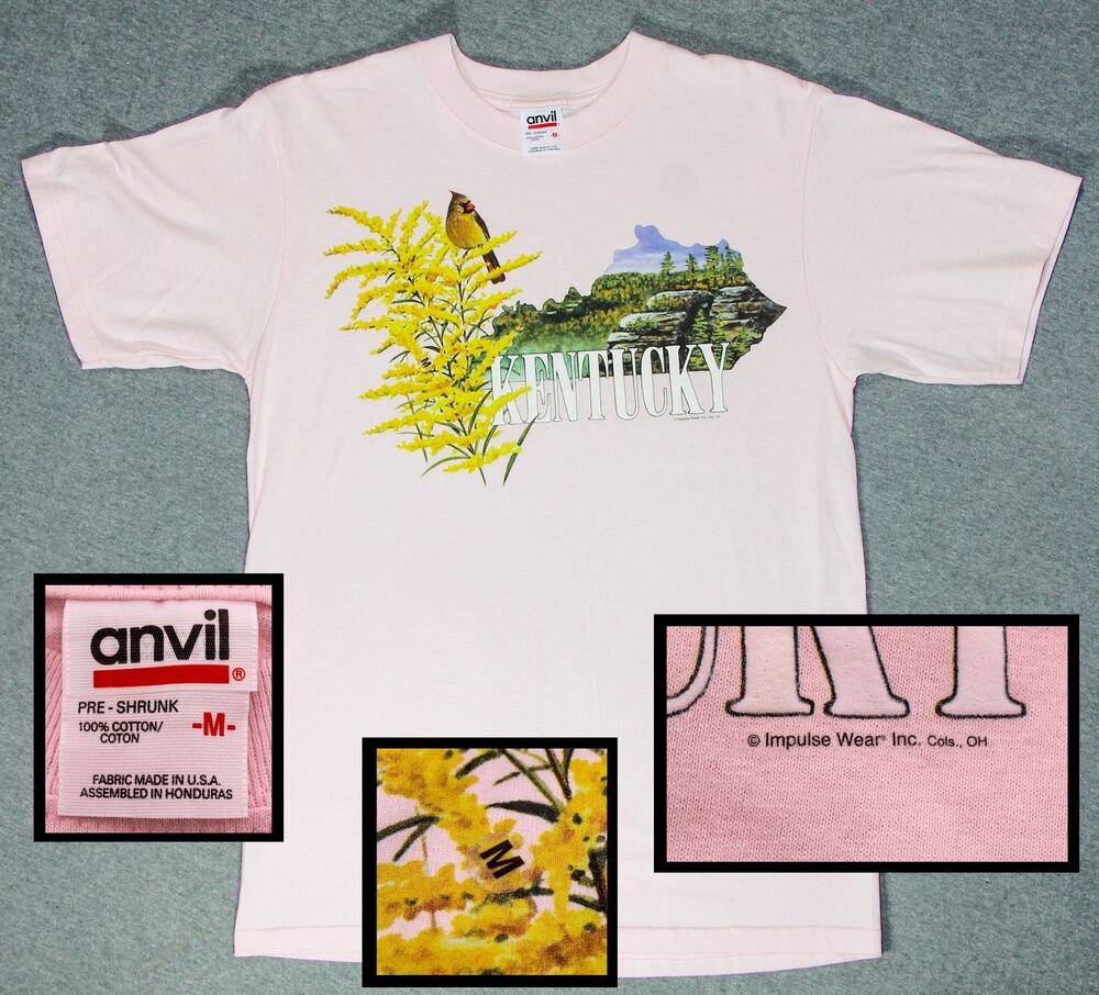 Vtg 90s Kentucky State T Shirt Pink Deadstock NOS Cardinal Anvil M USA Fabric
